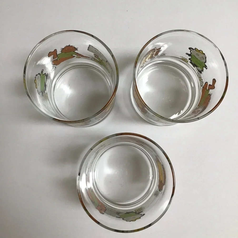 Shirt Tales Juice Glasses SET OF 3 Pammy Rick Tyg Cartoon ‘82 Hallmark Vintage